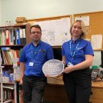 Pictured with their Fab plaque: Tim Evans, Clinical Applications Engineer and Lauren Smith, Trainee Medical Engineer