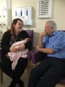 Jeremy Corbyn talking to new mother at Lincoln County Hospital