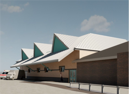 Artist's impression of the new extension incorporating the expanded resuscitation unit, alongside the new ambulance bay at Lincoln County Hospital