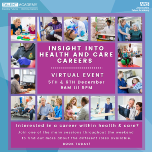 Poster for Insight Into Health and Care Careers virtual event