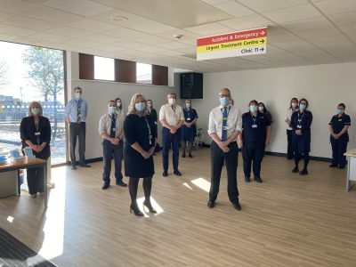 United Lincolnshire Hospitals NHS Trust Chief Executive, Andrew Morgan, with Lincolnshire Community Health Services NHS Trust, Maz Fosh, with the rest of the UTC team.