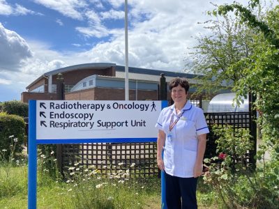 Jane Hall is pictured outside the radiotherapy department at Lincoln County Hospital