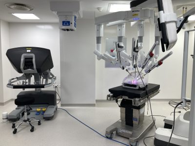 The robotic surgery system in an operating theatre at Lincoln County Hospital.