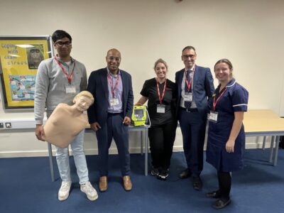 Student Paramedic Aakash Jansari, Consultant Cardiologist Dinal Taleyratne, Lead Resuscitation Practitioner Monique Loveday, Consultant Cardiologist David O’Brien and Sister Chelsea Spencer.