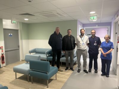 Mark Snowden and Conor Brogan from construction contractors MTX, with Estates Officer Edward Beadling, Matron for Diagnostics Filippo Natalini and Infection Prevention and Control Nurse Yvonne Potter