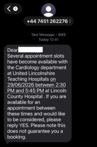 An example text message about appointments availability.