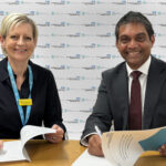 Professor Karen Dunderdale, Chief Executive of Lincolnshire Community and Hospitals NHS Group and Dr Kaval J Patel, Chief Executive, Lincolnshire PCN Alliance, signing the new Collaborative Agreement.